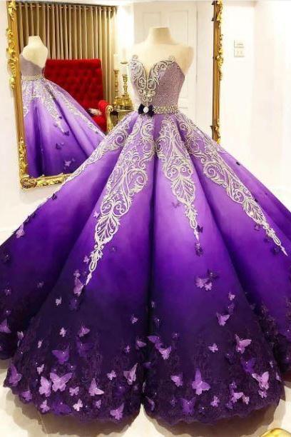 Sweetheart Ball Gown Prom Dresses Satin With Applique Sweep Train M2813
