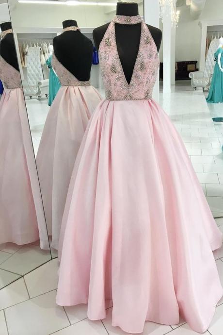Pink Backless Long Prom Dress, Pink Evening Dress, Pink Formal Dress M2814