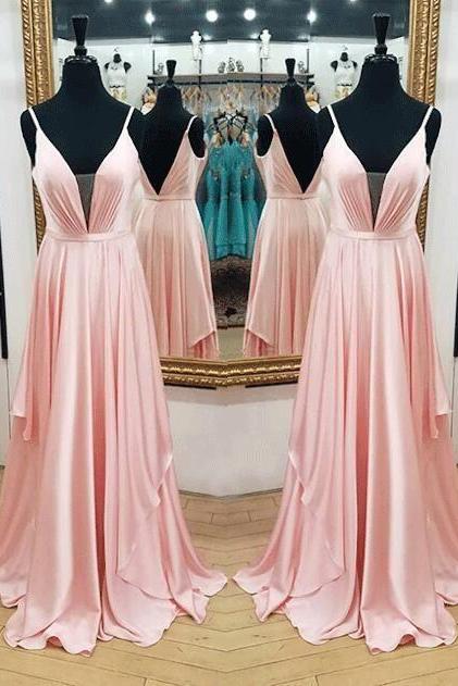 Spaghetti Straps A-line Pink Satin Prom Dress Floor Length Women Dress M2822