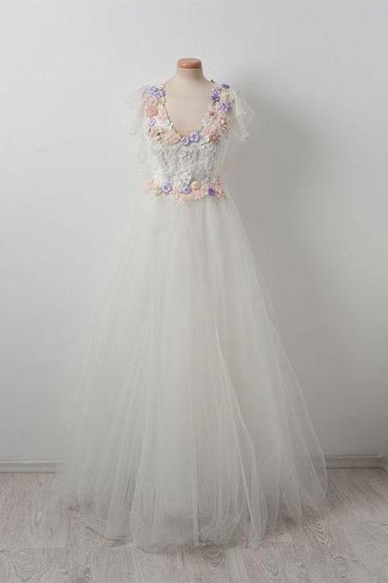 Elegant Tulle Lace Applique White Long Prom Dress, White Evening Dress M2828