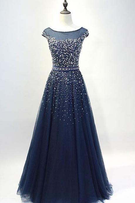 Dark Blue Tulle Sequins Round Neck Full-length Prom Dresses, A-line Evening Dresses M2829