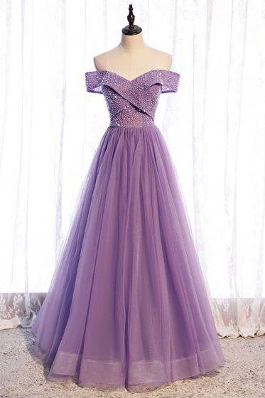 Princess Off The Shoulder Beaded Lilac Long Prom Dress M2830