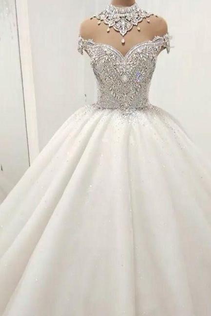 High Neck Wedding Dress, Crystal Wedding Dress, Wedding Ball Gown, Beaded Wedding Dresses, Princess Wedding Dresses M2834