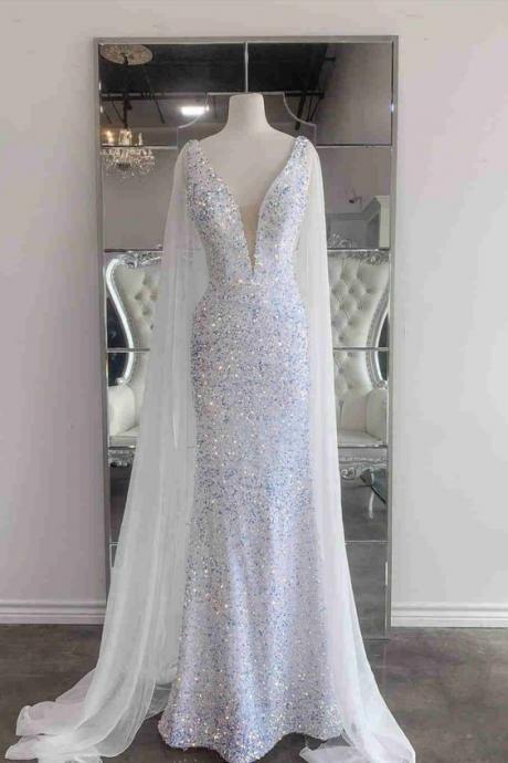 Glitter Plunging Neck White Prom Dress Sequined Long Evening Dress M2853