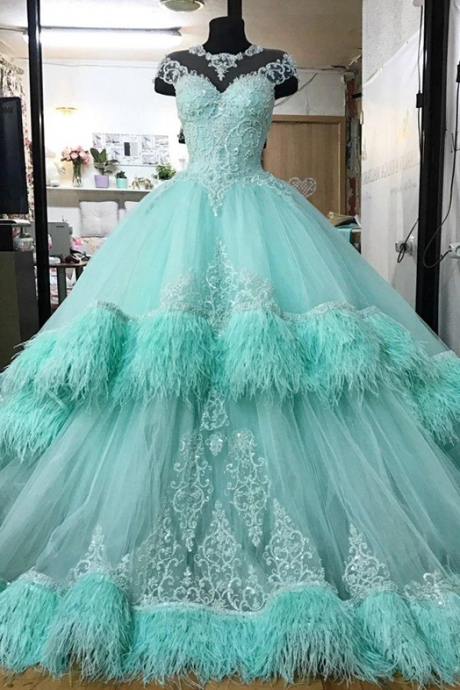 Light Green Tulle Tiered Prom Dresses O Neck Cap Sleeve Lace Appliques Special Occasion Dress M2855