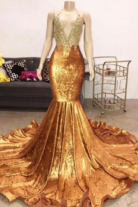 Luxury Beads Appliques Gold Prom Dresses| Mermaid Open Back Sexy Evening Gowns M2863
