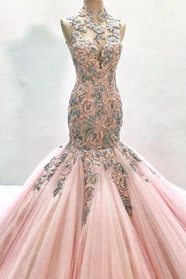 Tulle Mermaid Wedding Dress, Hand-made Sleeveless Wedding Dresses With Flower M2869