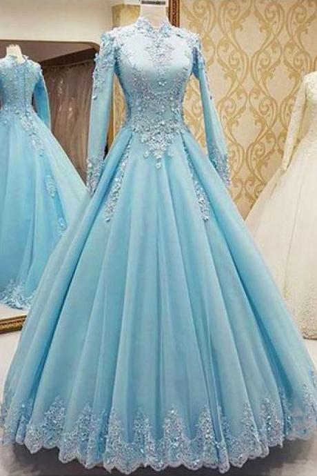 Elegant Tulle High Collar Floor-length A-line Prom Dresses With Lace Appliques M2874