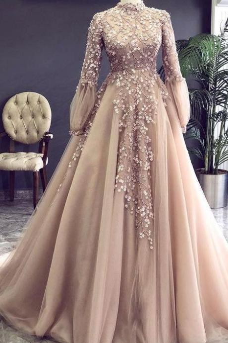 Champagne Prom Dress, Long Sleeve Prom Dress, A Line Prom Dress, Arabic Prom Dresses, Lace Evening Dress M2875
