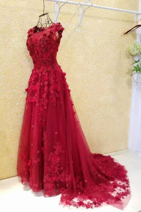 Burgundy Prom Dresses,a-line Evening Dress,flowers Evening Dress,applique Evening Dress M2893