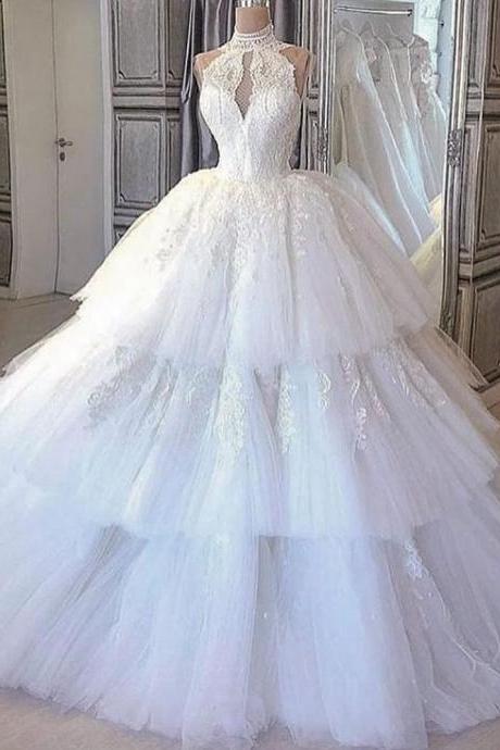 Vintage Wedding Dress, Tiered Wedding Dress, Lace Applique Wedding Dress, High Neck Wedding Dress, Wedding Ball Gown M2899