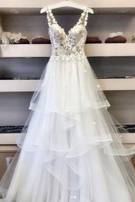 A-line Wedding Dresses, Modest Wedding Dresses, Floral Wedding Dresses, Sexy Wedding Dress M2900