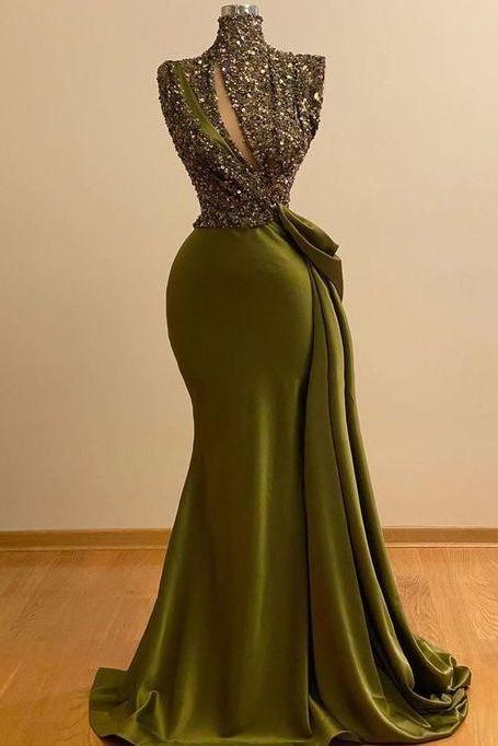 Olive Green Prom Dresses With Sparkly Sequins M2907