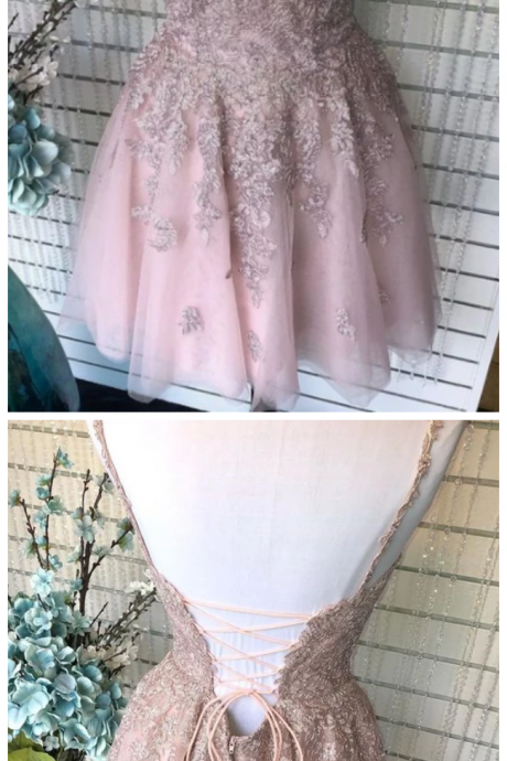 A Line Spaghetti Straps Blush Homecoming Dress With Appliques Beading m2914