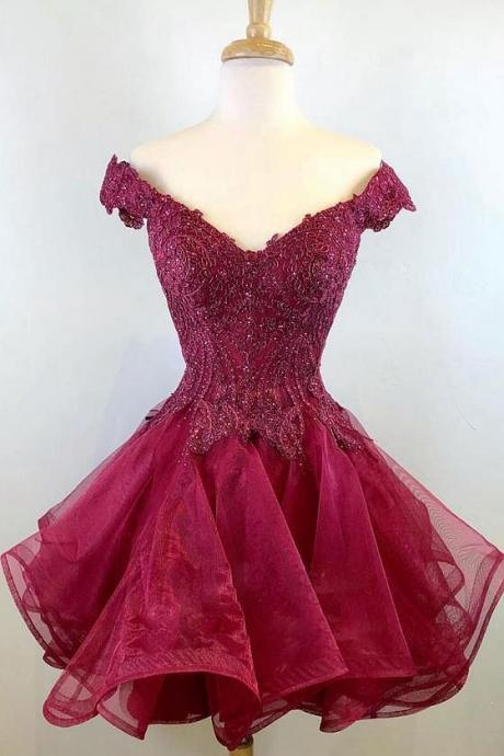 Burgundy v neck lace tulle short prom dress, evening dress m2921