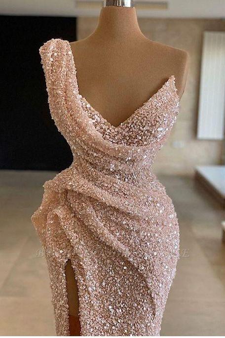 Sparkle One Shoulder Sleeveless Sequined Mermaid Prom Dress M2948