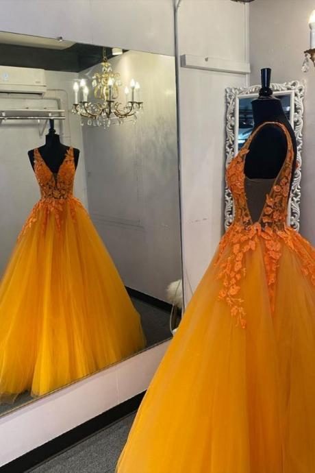 Elegant V-neck Orange Prom Dress With Appliques M2950
