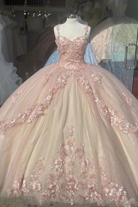 Pink A Line Floral Quince Dress Ball Gown Prom Gown M2955