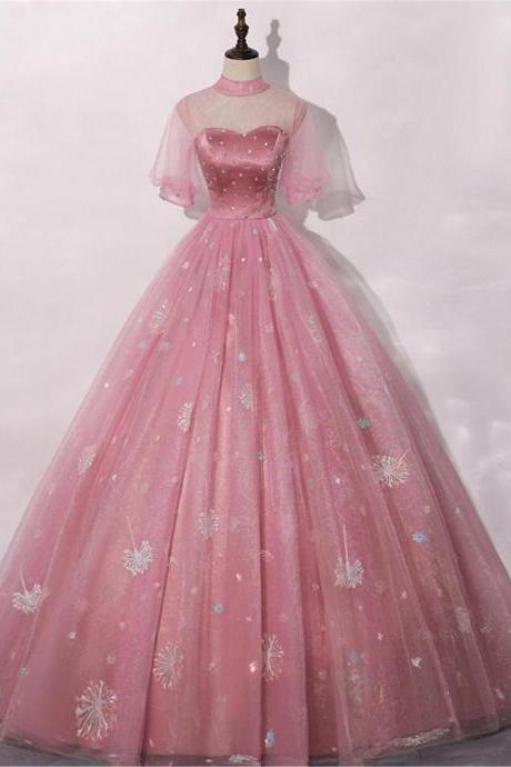 Blush Pink Quinceanera Dress Zipper Back Prom Masquerade Dress A-line Wedding Dress Floor Length Shigh Neck Bridal Gown Short Sleeves M2967