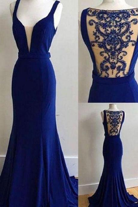 Royal Blue Gown Deep V Prom Dress Unique Prom Dress With Court Train M2983