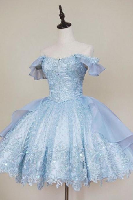 Vintage Blue Lace Homecoming Dresses,Off the Shoulder Prom Dresses m2989