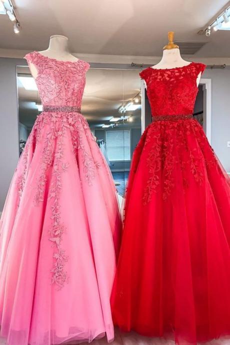 Formal Dress With Cap Sleeves, Lace Appliques, Floor Length And Lace Up Back Evening Gown M2991