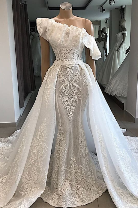 White Satin Lace Long Prom Dress One Shoulder Wedding Dress M3001
