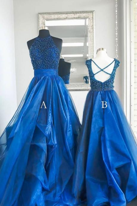 Blue High Neck Tulle Beads Long Prom Dress, Blue Evening Dress M3024