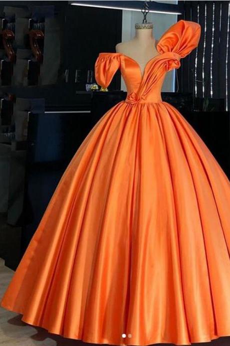 Orange Satin Puffy Prom Dresses Vintage Pleated 3d Flower Long Prom Gowns Plus Size Formal Party Dress M3029