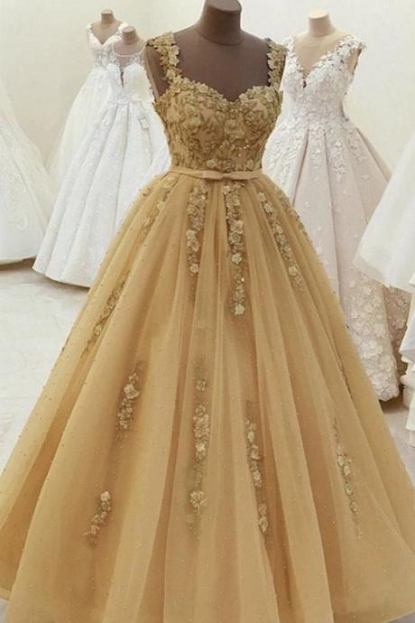 Gorgeous Sweetheart Neck Beaded Champagne Lace Prom Dresses, Champagne Lace Formal Dresses, Champagne Evening Dresses M3031