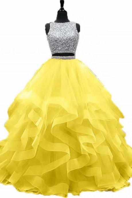 2 Pieces Yellow Floor Length Ball Gown Prom Dresses M3035