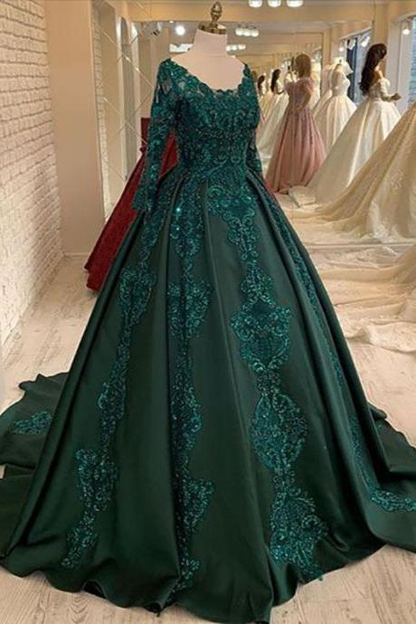 Long Sleeves Green Wedding Dress Ball Gown Prom Dress M3037