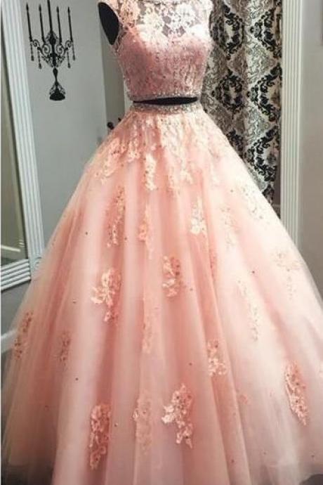 Two Piece Pink Prom Dress, Appliques Tulle Prom Dress, Prom Dress,lace Prom Dress,elegant Beaded Long Prom Dresses, Long Evening Dress M3049