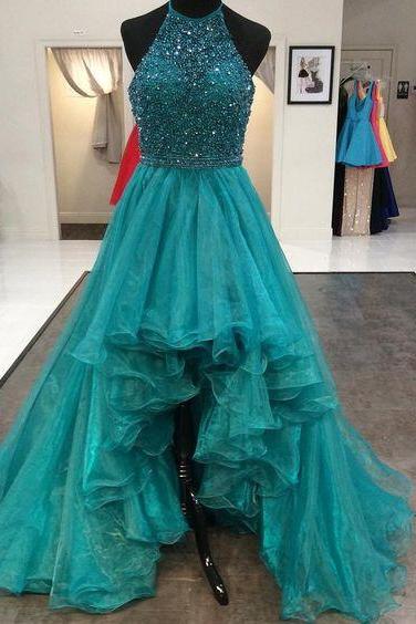 Teal Color A Line Beaded Halter Organza Ruffles High Low Prom Dresses M3052