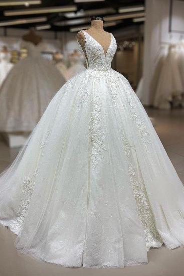 White Wedding Dresses A-line Tulle Ruffles Bridal Gowns With Appliques M3059