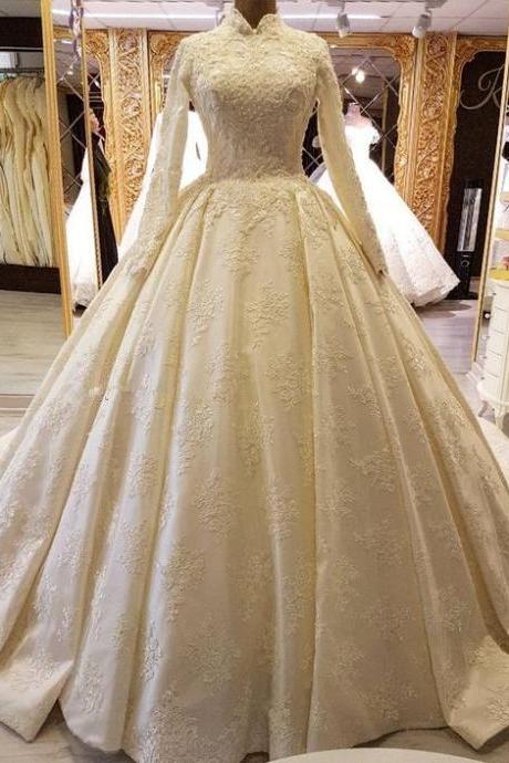 Long Sleeves Ball Gown Appliqued Wedding Dress M3060