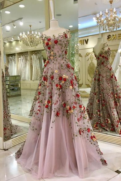 Charming A Line Long Prom Dress Applique Evening Dresses M3068
