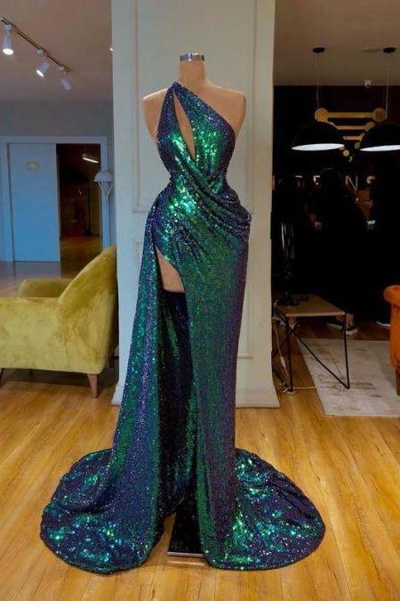 Asymmetric One Shoulder Sequin Prom Dress Long Pageant Dress With Slit M3084