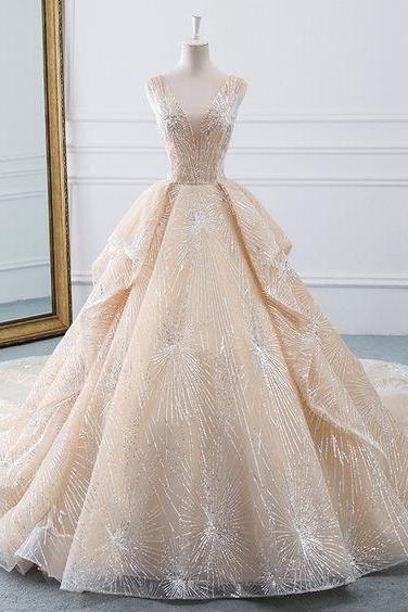 Champagne Wedding Dresses Luxury Ruffle Major Beaded Wedding Dresses Sleeveless Ball Gown Wedding Dresses M3096