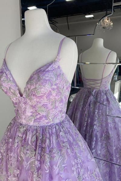 Gorgeous V Neck Thin Straps Purple Long Prom Dress, V Neck Purple Formal Evening Dress, Purple Ball Gown M3104