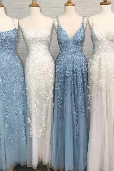 V Neck Baby Blue Lace Long Senior Prom Dress With Applique Tulle Vintage Evening Dress M3125