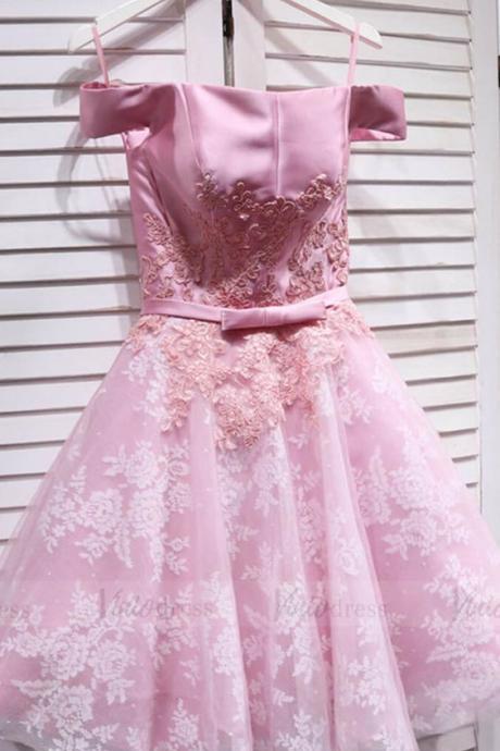 Off The Shoulder Pink Lace Homecoming Dresses M3136