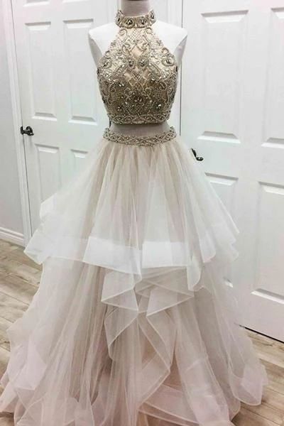 2 Piece Prom Dresses, Beaded Prom Dress, High Neck Prom Dresses, Tiered Prom Dresses, Prom Gowns M3136