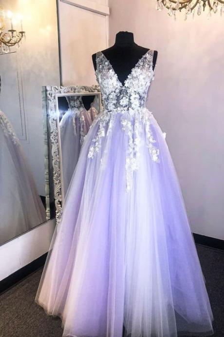 Purple V Neck Lace Applique Long Prom Dress Purple Formal Dress M3139