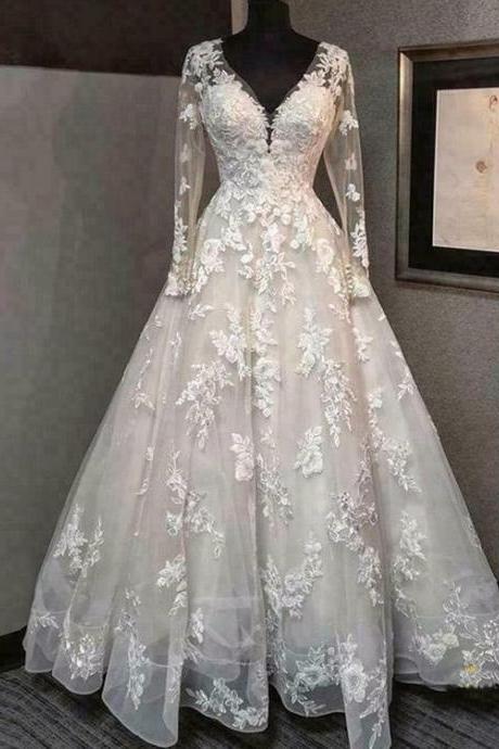 Long Sleeve V Neck A Line Wedding Dresses Backless Lace Appliques Bridal Gowns M3143
