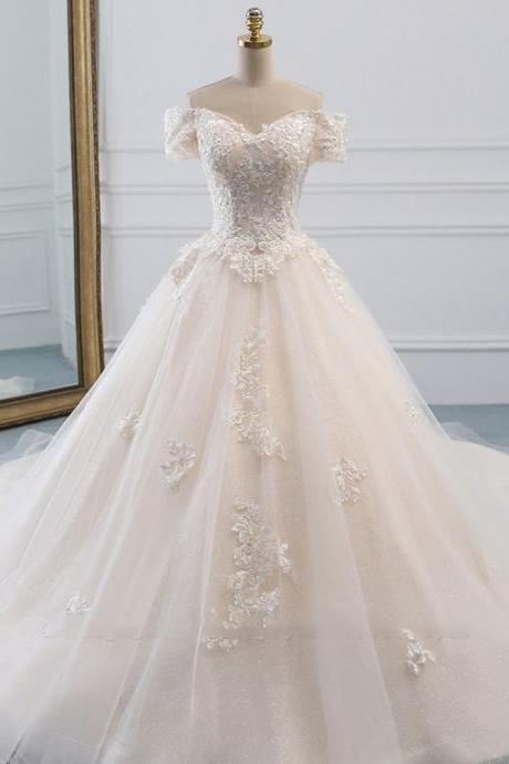 Affordable Off-the-shoulder White Tulle Lace Wedding Dress Sweetheart Appliques Bridal Gowns M3149