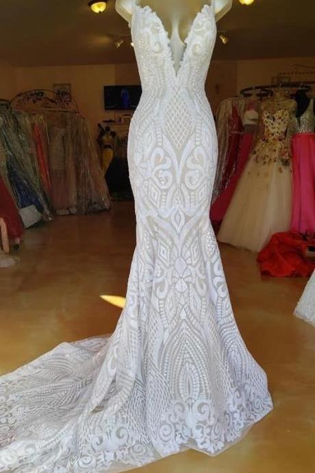 Gorgeous Mermaid V Neck Lace Wedding Dresses M3151