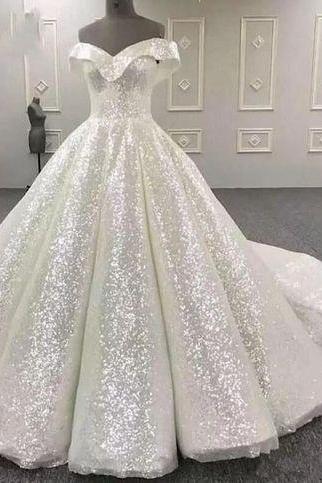 Off Shoulder Ivory Shiny Sequin Tulle Wedding Dresses, Ball Gown Style Wedding Dresses, Sparkle Wedding Dresses M3154