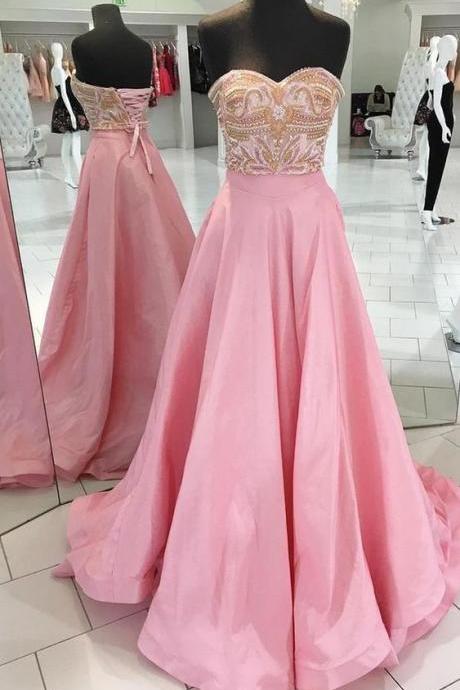 Sweetheart Pink Satin Beaded Customize Long Sweet 16 Prom Dress M3155
