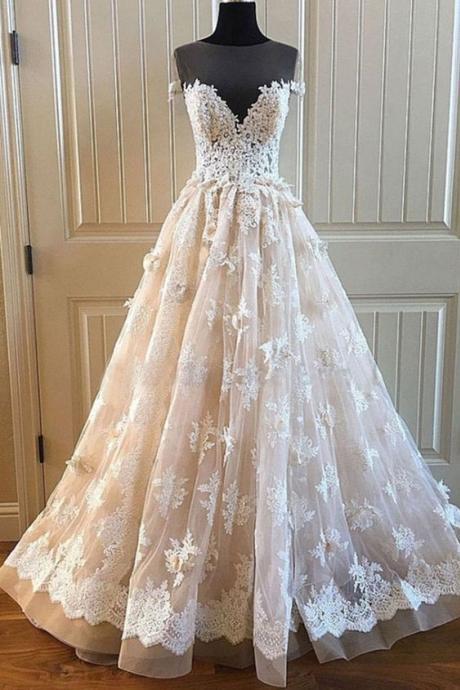 Champagne Round Neck Lace Long Prom Dress, Champagne Wedding Dress M3158